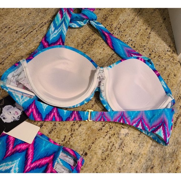 NEW Marilyn Monroe Swim Size L Two Piece Bikini Strappy Halter Blue Pink Chevron - Picture 7 of 10